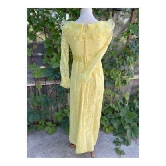 1950s Prom Dress Formal Sunny Yellow Evening Wedding Lace Bow Maxi Cupcake - Picture 3 of 16